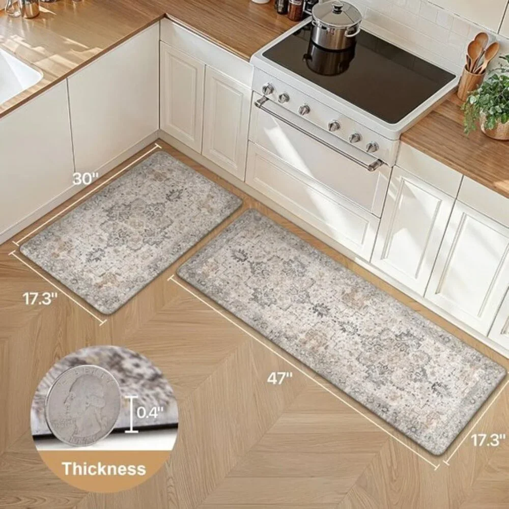 2PC Kitchen Mats, Washable Anti-Fatigue Cushioned Non-Slip Rugs in Taupe Brown